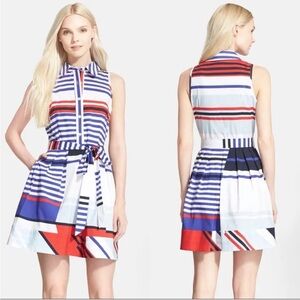 NWOT Milly Marina tie front button v-neck block red white blue midi dress size 2